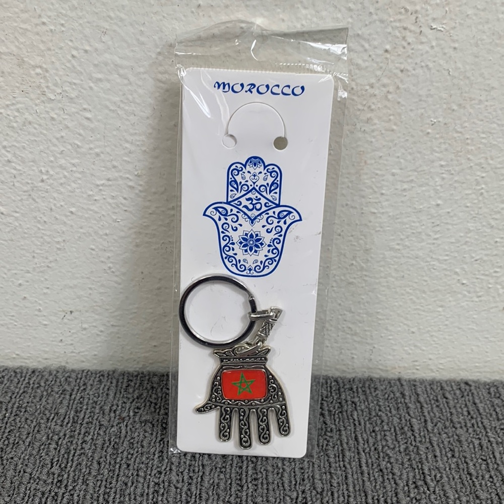 Morocco Flag Hamsa Keychain Red Silver Hand of Fatima Protection from Evil Eye